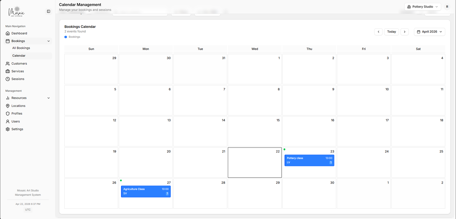 Calendar view of bookings